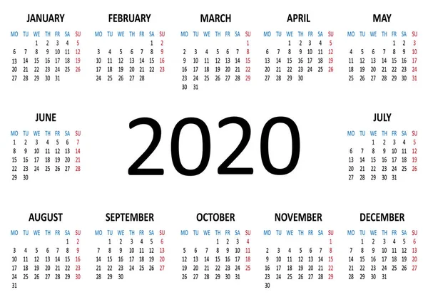 Calendario anual 2020. La semana comienza el lunes. Vector — Vector de stock