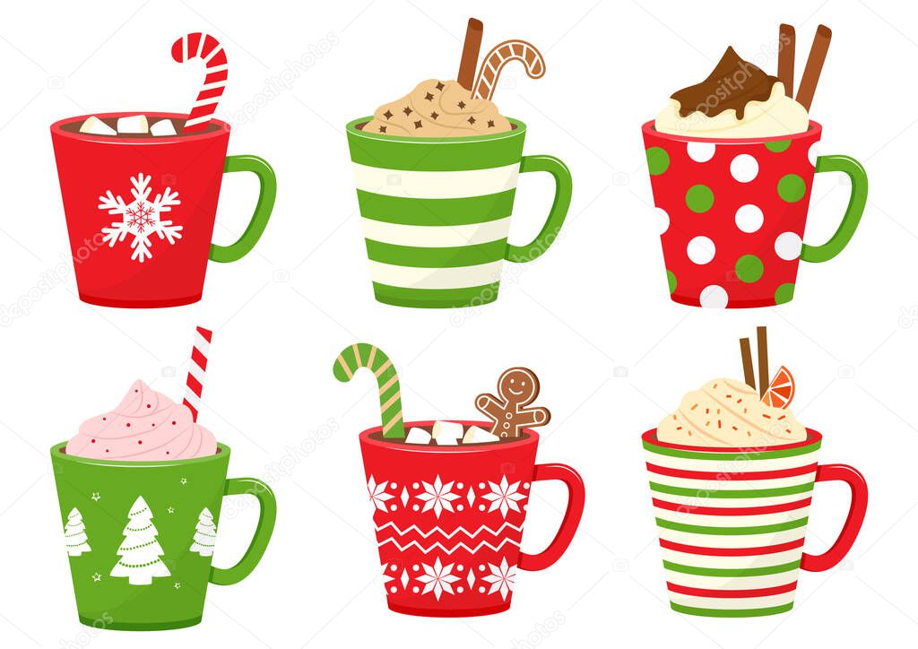Winter holiday cups with drinks. Mugs with hot chocolate, cocoa or coffee, and cream. Gingerbread man cookie, candy cane, cinnamon sticks, marshmallows. Vector
