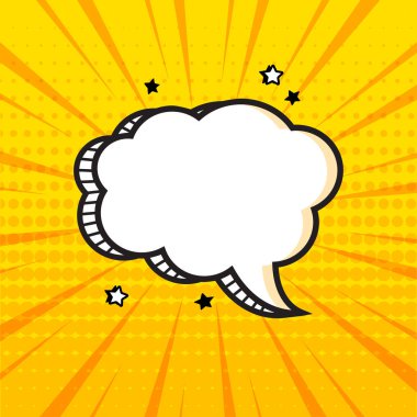 Yarım ton noktalı beyaz çizgi roman balonu gölge ve pop sanat tarzında sarı arka planda yıldızlar. Vektör