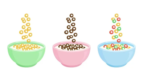 Desayuno de cereales. Tazón de cerámica con leche y diferentes copos crujientes dulces. Caída de bucles de cereales de colores. Comida saludable para niños. Vector — Archivo Imágenes Vectoriales