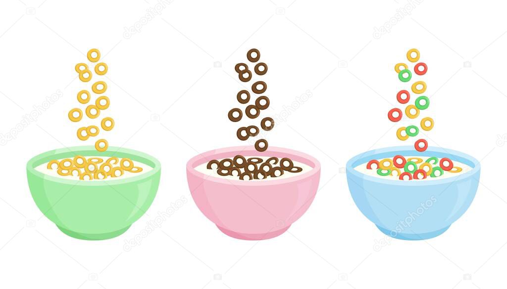 Cereal breakfast. Ceramic bowl with milk and different sweet crunchy flakes. Falling colorful cereal loops. Healthy food for kids. Vector