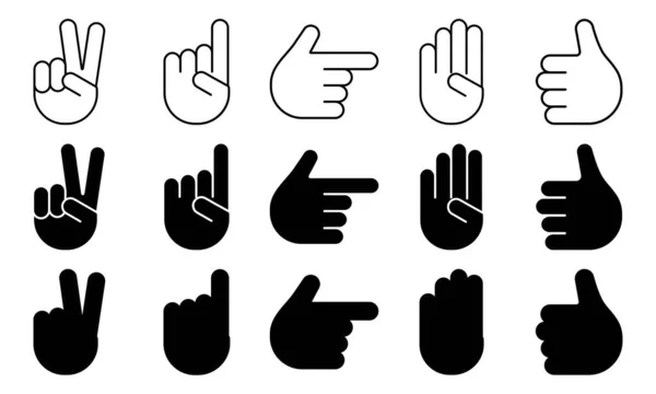 Diferentes gestos mãos de humanos, conjunto de ícones preto e branco, contorno, design plano, silhuetas. Vetor —  Vetores de Stock