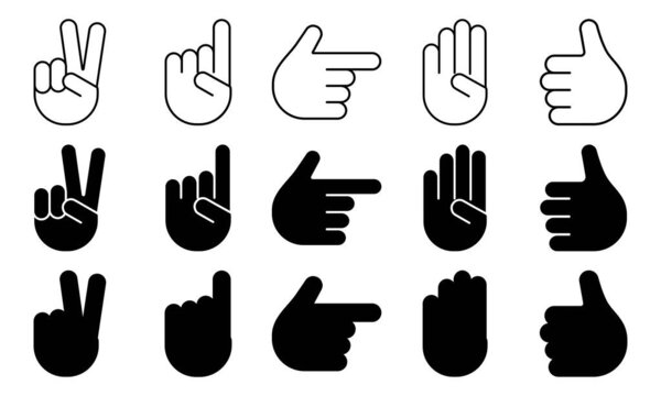 Different hands gestures of human, set of black and white icons, outline, flat design, silhouettes. Vector