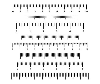 Black scale with numbers for rulers. Different units of measurement. Vector clipart