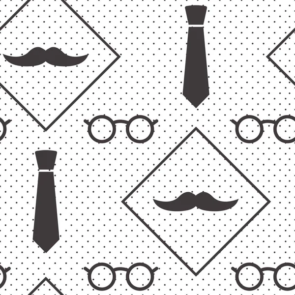 Patrón sin costuras masculino, estampado caballero con bigotes, corbatas y gafas sobre fondo de lunares, papel de envolver. Diseño blanco y negro. Vector — Archivo Imágenes Vectoriales