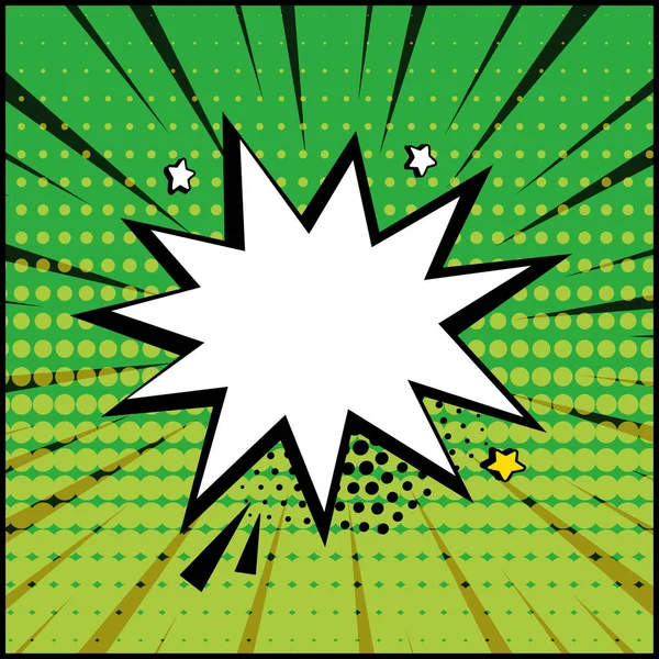 Bolha de discurso em quadrinhos vazia branca com pontos de meio-tom sombra e estrelas em fundo verde no estilo pop art. Vetor — Vetor de Stock