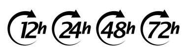 12, 24, 48 ve 72 saat çalışma süresi veya teslimat servisi zaman çizelgesi. Siyah simgeler saat oku seti. Vektör