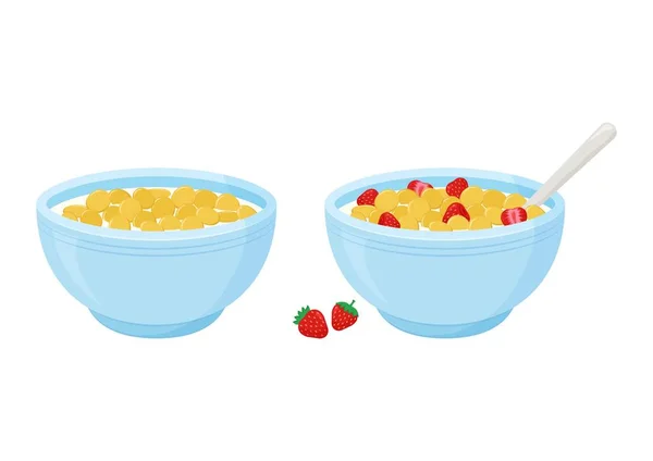 Cereal breakfast. Milk and sweet crunchy flakes with strawberry. Ceramic bowl with spoon. Healthy food for kids. Vector — Stock Vector