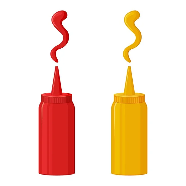 Ícone de molho, ketchup e mostarda. Molho de especiarias quentes embalado em garrafa de plástico. Vetor — Vetor de Stock