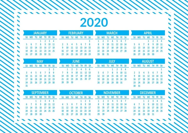 Шаблон синього щорічного календаря 2020 року. Тиждень починається з неділі. Векторні — стоковий вектор