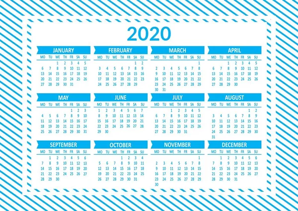 Шаблон синього щорічного календаря 2020 року. Тиждень починається з понеділка. Векторні — стоковий вектор