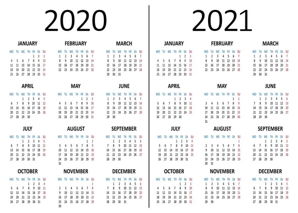 Jaarlijkse kalender 2020, 2021. De week begint maandag. Vector — Stockvector