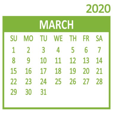 Marş. Setin üçüncü sayfası. Takvim 2020, şablon. Hafta pazar günü başlıyor. Vektör