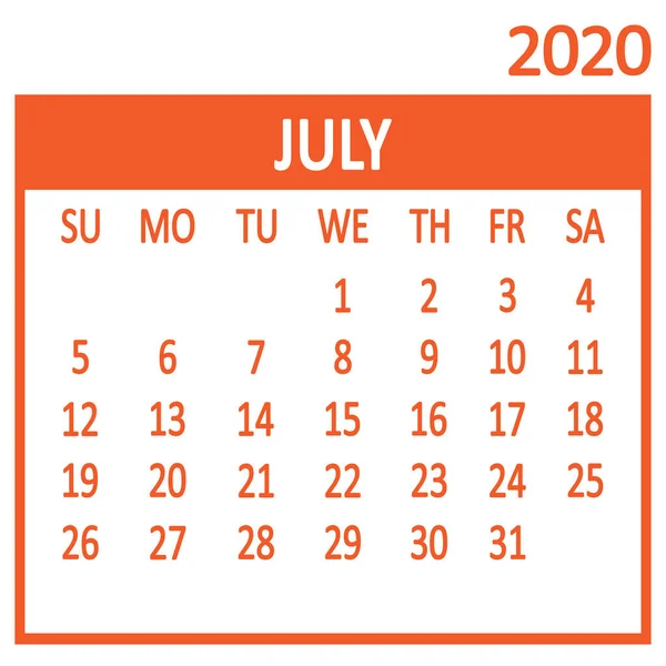 Липень. Сьома сторінка сету. Календар 2020, шаблон. Тиждень починається з неділі. Векторні — стоковий вектор