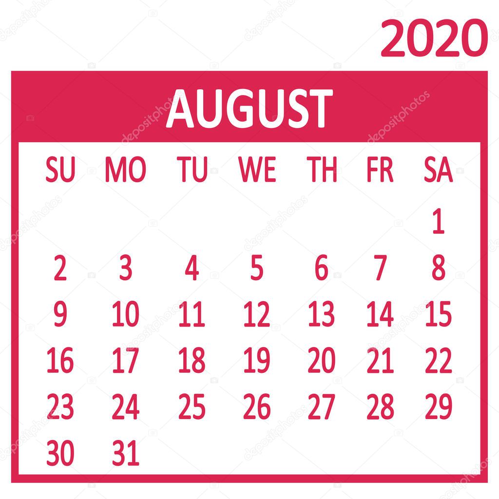 August. Eighth page of set. Calendar 2020, template. Week starts from Sunday. Vector