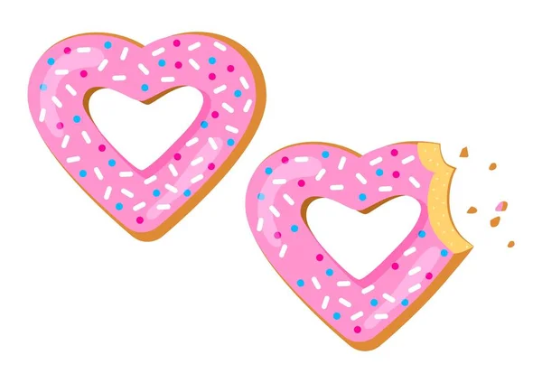 San Valentín. Donut dulce de vacaciones con esmalte rosa en forma de corazón, donut mordido. Vista desde arriba. Vector — Vector de stock