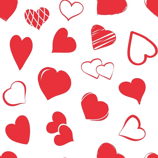 Patrón sin costuras de vacaciones con corazones rojos dibujados a mano. Vector — Archivo Imágenes Vectoriales