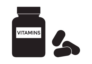 Haplı vitamin şişesi. Multivitamin kompleksi takviyesi. Siyah siluet beyaz arka planda izole edilmiş. Vektör
