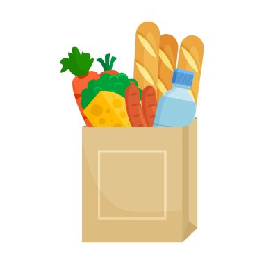 İçinde ürünler olan kağıt paketler. Ekmek, peynir, su şişesi, havuç, brokoli ve sosis. Vektör