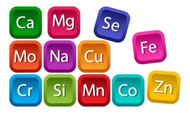 Sağlık için mineral kompleksi. Kalsiyum, magnezyum, çinko, demir, manganez, kobalt, bakır, potasyum, molibdenit, krom, silikon, selenyum. Renkli kare düğmeler. Vektör