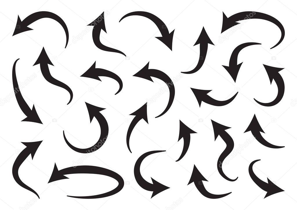 Set of different curve arrows, black icons isolated. Vector