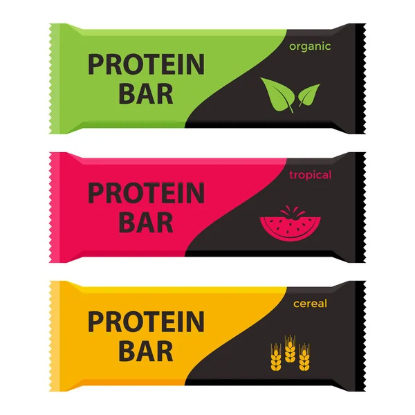 Farklı aromalı protein barları. Organik, tropikal ve mısır gevreği. Spor ve zindelik takviyeleri. Vektör
