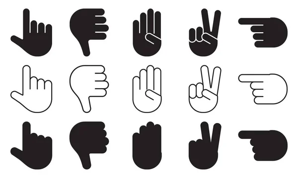 Different hands gestures of human, set of black and white icons, flat design, outline, silhouettes. Vector — Stock Vector
