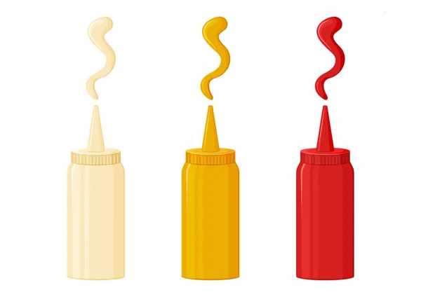 Icône de sauce, mayonnaise, moutarde et ketchup. Sauce épicée chaude emballée dans une bouteille en plastique. Illustration vectorielle — Image vectorielle