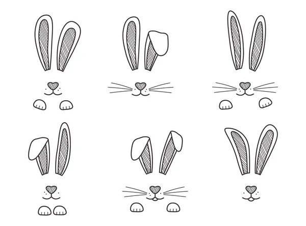 Lapins Pâques Dessinés Main Visage Lapins Oreilles Museau Noirs Blancs — Image vectorielle