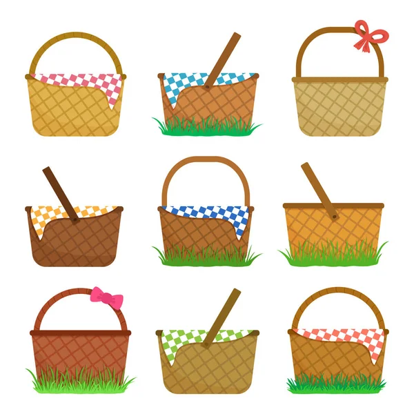 Easter Picnic Baskets Set Straw Baskets Grass Colorful Checkered Tablecloth — 图库矢量图片