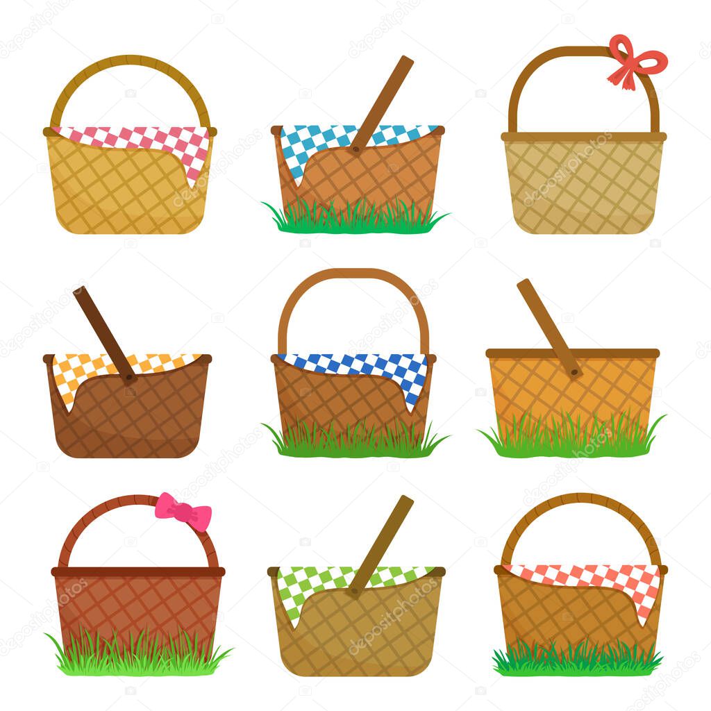 Easter or picnic baskets, set of straw baskets on the grass and with colorful checkered tablecloth. Vector illustration