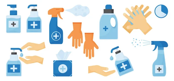 Disinfezione Igiene Delle Mani Set Bottiglie Igienizzanti Mani Gel Detergente — Vettoriale Stock