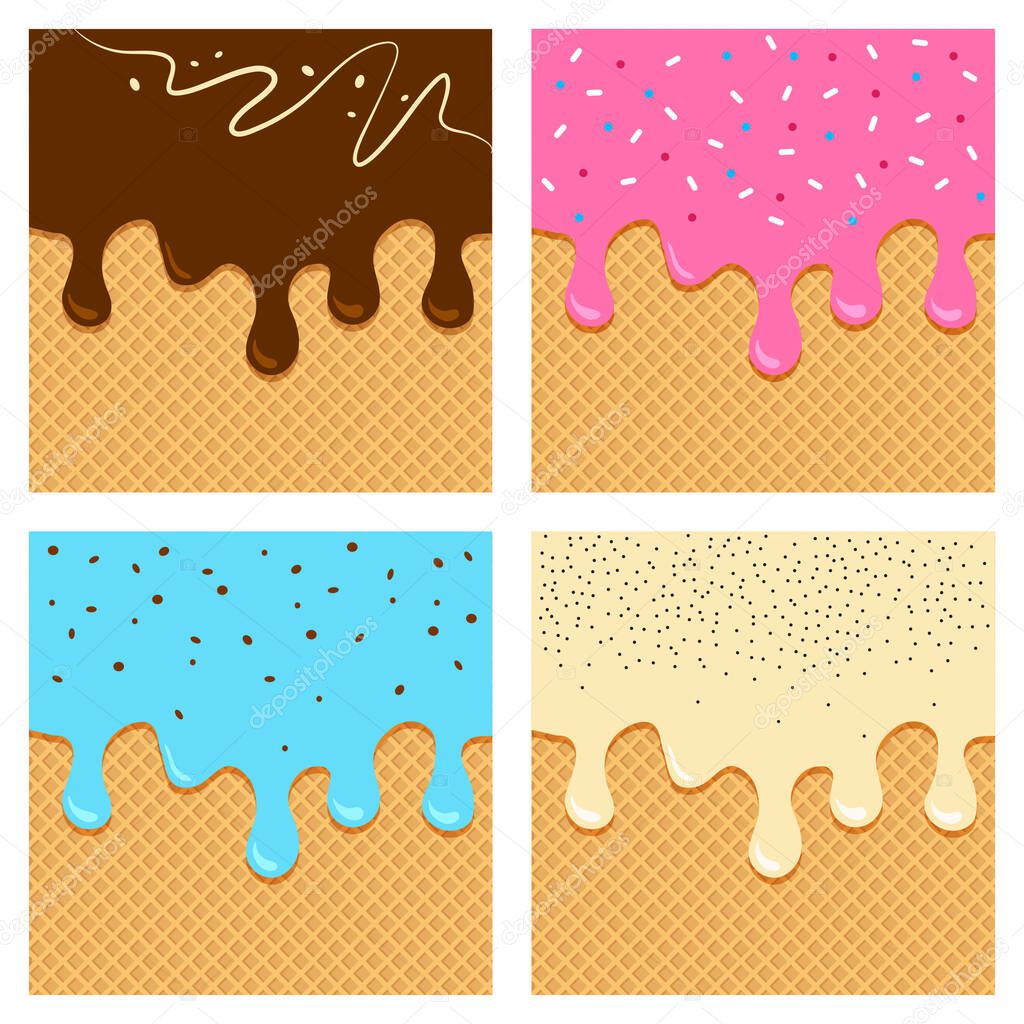 Waffle background with ice cream flowing down, wafer with different flavors. Vector illustration