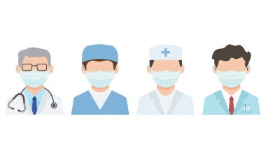 Maskeli sağlık görevlileri. Virüs koruması. Doktor simgeleri. Vektör illüstrasyonu