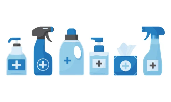 Disinfection Hygiene Set Hand Sanitizer Bottles Washing Gel Spray Wipes — Stock Vector