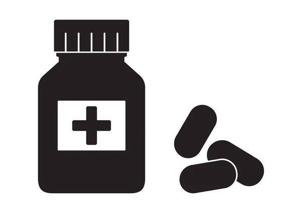 药瓶和药丸药物 黑色和白色胶囊 矢量说明 — 图库矢量图片