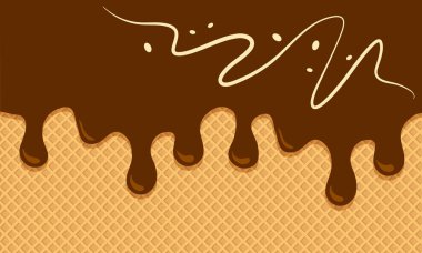 Çikolatalı waffle arka planında dondurma akıyor, gofret desenli. Vektör illüstrasyonu