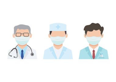 Doktorların dezenfeksiyonu. Yüz maskeleri, sağlık görevlileri. Virüs koruması. Vektör illüstrasyonu