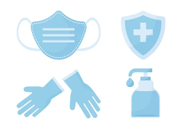 Desinficering Ikoner För Förebyggande Virus Ansiktsmask Handskar Handdesinfektionsflaska Sjukförsäkring Vektorillustration — Stock vektor