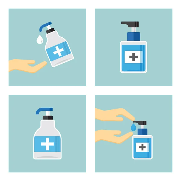 Disinfeksi Kebersihan Tangan Seperangkat Botol Pembersih Tangan Gel Cuci Sabun - Stok Vektor