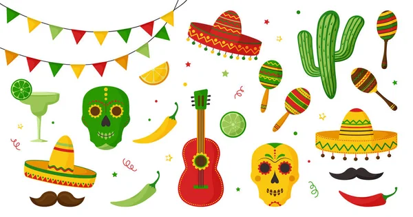 Cinco Mayo Celebração México Conjunto Ícones Elementos Design Coleção Guitarra —  Vetores de Stock