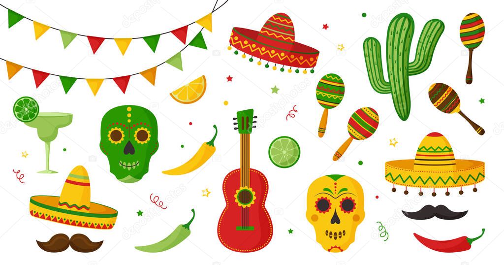 Cinco de Mayo celebration in Mexico icon set, collection design elements. Guitar, martini, maraca, peppers, mustache, skulls, citrus, sombrero, tequila, cactus and decoration. Vector illustration