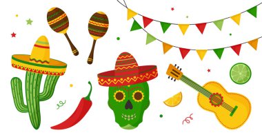 Meksika ikon setinde Cinco de Mayo kutlaması, koleksiyon tasarım unsurları. Gitar, maraca, biber, kafatası, narenciye, sombrero, kaktüs ve dekorasyon. Vektör illüstrasyonu