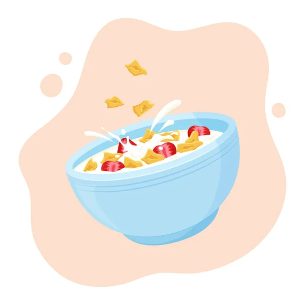 シリアルフレークミルク朝食 セラミックボウルはイチゴとオート麦を転がしました 子供のための健康食品 ベクターイラスト — ストックベクタ