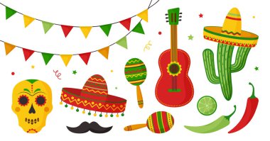 Meksika ikon setinde Cinco de Mayo kutlaması, koleksiyon tasarım unsurları. Gitar, marakas, biber, kafatası, bıyık, narenciye, sombrero, kaktüs ve dekorasyon. Vektör illüstrasyonu