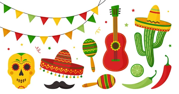 Cinco Mayo Celebração México Conjunto Ícones Elementos Design Coleção Guitarra — Vetor de Stock