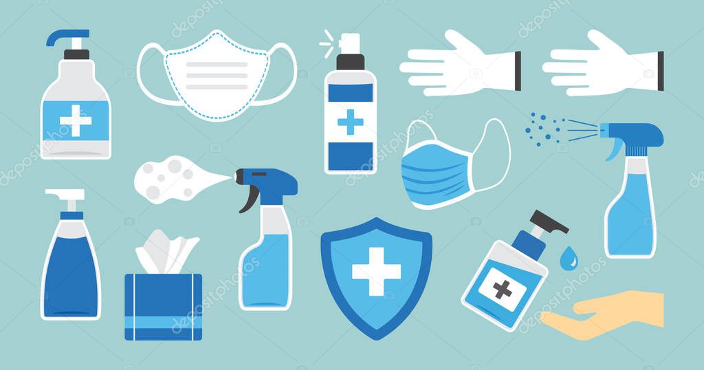 Disinfection. Hand hygiene. Set of hand sanitizer bottles, washing gel, spray, wipes, liquid soap, gloves. PPE personal protective equipment. Vector illustration