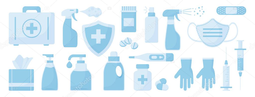 Medicine set. Disinfectant, hand sanitizer bottles, medical mask, antibacterial spray, gel, wipes, soap, gloves, syringe, first aid kit, pills, bandage, thermometer, medical insurance. Vector