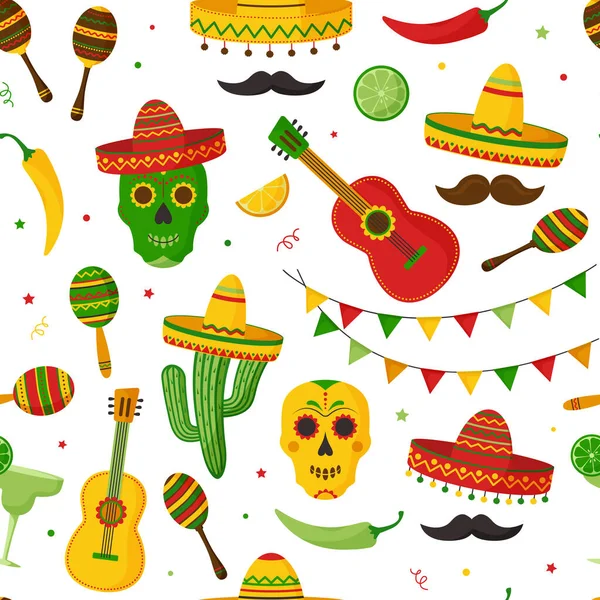 Cinco Mayoシームレスなパターン メキシコでのお祝い ギター マティーニ マラッカ ピーマン 口ひげ 頭蓋骨 柑橘類 — ストックベクタ