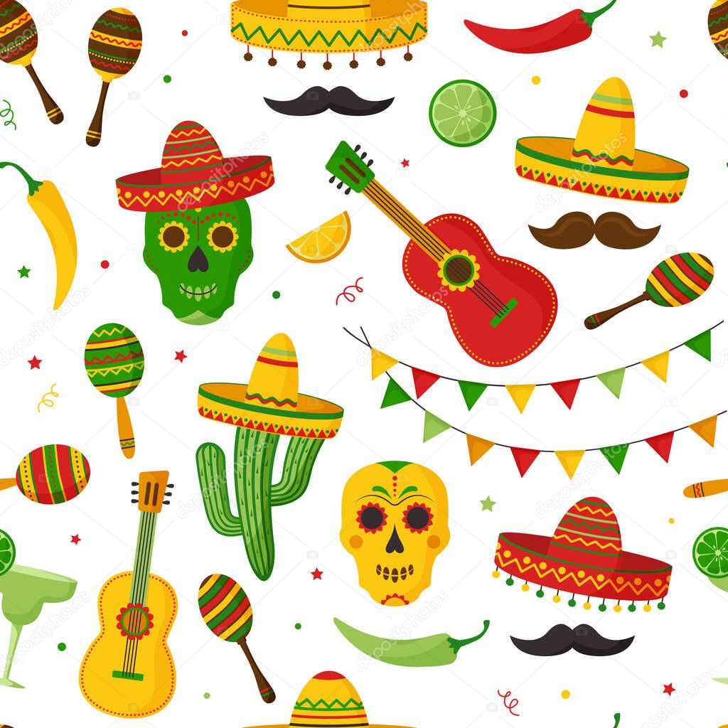 Cinco de Mayo seamless pattern, celebration in Mexico. Guitar, martini, maraca, peppers, mustache, skulls, citrus, sombrero, tequila, cactus and decoration. Vector illustration